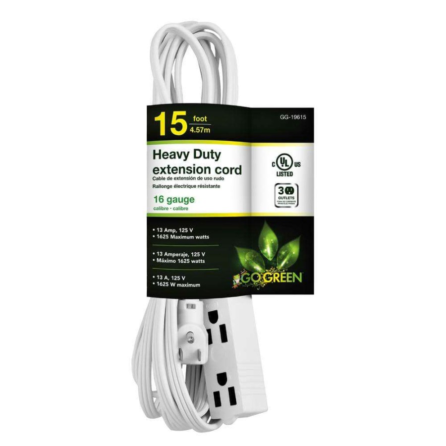 General Purpose Cords * | Power By Go Green 15 Ft. 16/3 Spt-2, 3 Outlet Extension Cord White