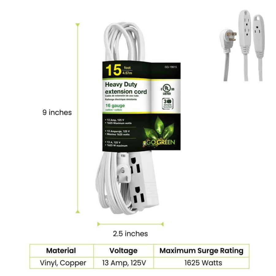 General Purpose Cords * | Power By Go Green 15 Ft. 16/3 Spt-2, 3 Outlet Extension Cord White