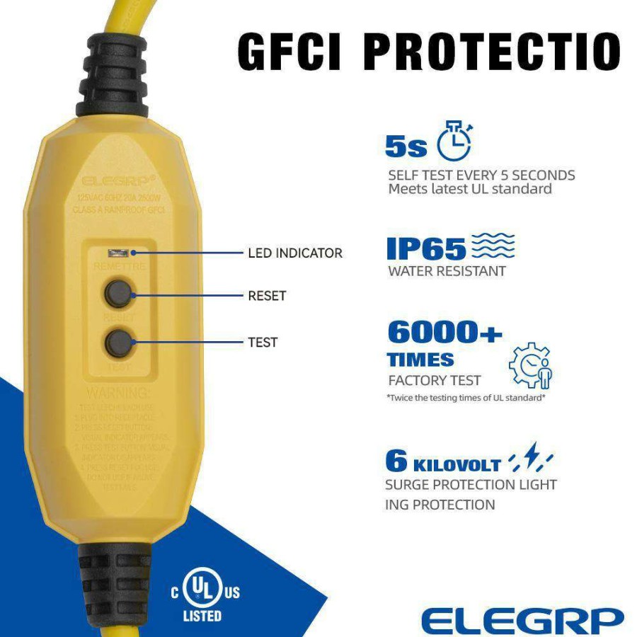 Gfci Plugs * | Elegrp 3 Ft. 15 Amp In-Line Self-Test Automatic Reset Portable Gfci Plug With 3-Outlet Cord, Yellow