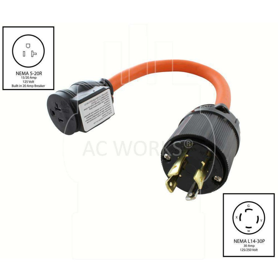 Extension Cord Accessories * | Ac Works 1.5Ft 10/3 Stw Flexible Cord With 30A 4-Prong L14-30P Generator Locking Plug To Household Outlet With 20A Breaker