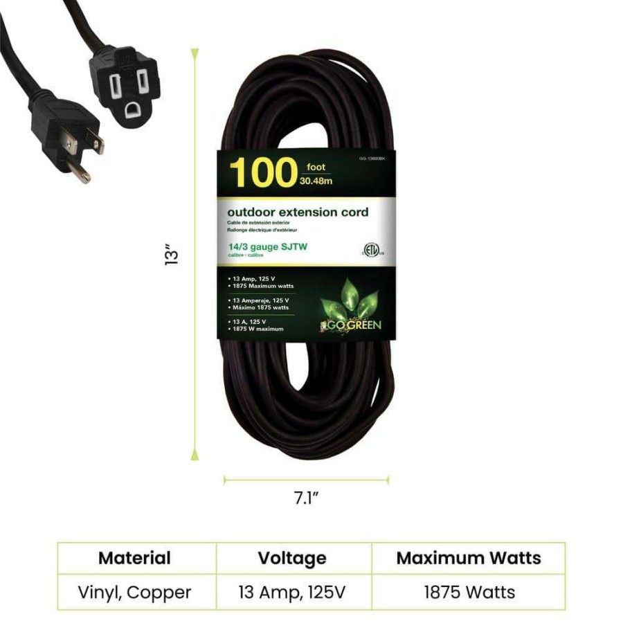 General Purpose Cords * | Power By Go Green 100 Ft. 14/3 Sjtw Outdoor Extension Cord Black