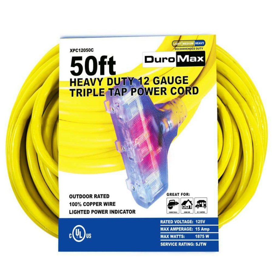 General Purpose Cords * | Duromax 50 Ft. 12/3-Gauge Triple Tap Extension Power Cord