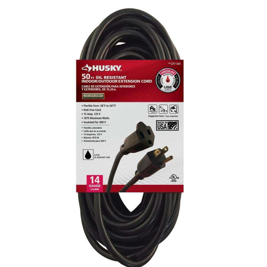 General Purpose Cords * | Husky 50 Ft. 14/3 Oil Resistant Indoor/Outdoor Extension Cord, Black