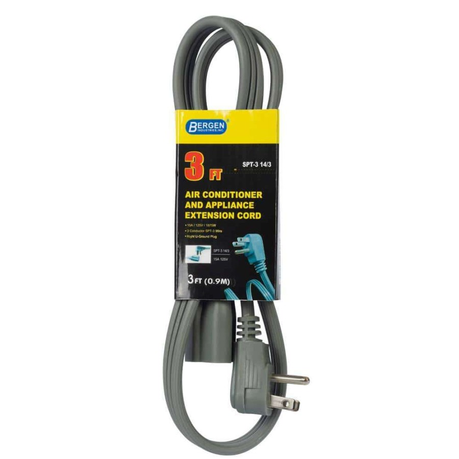 Appliance Extension Cords * | Bergen Industries 3 Ft. 14/3 Spt-3 Wire Air Conditioner/Major Appliance Extension Cord With Right U-Ground Plug In Gray