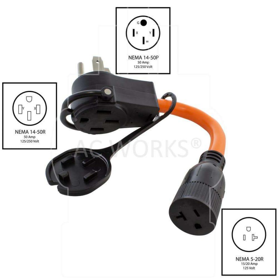 Extension Cord Accessories * | Ac Works 1 Ft. 50 Amp 14-50 Piggy-Back Plug To Household 15/20 Amp Connector Adapter Cord