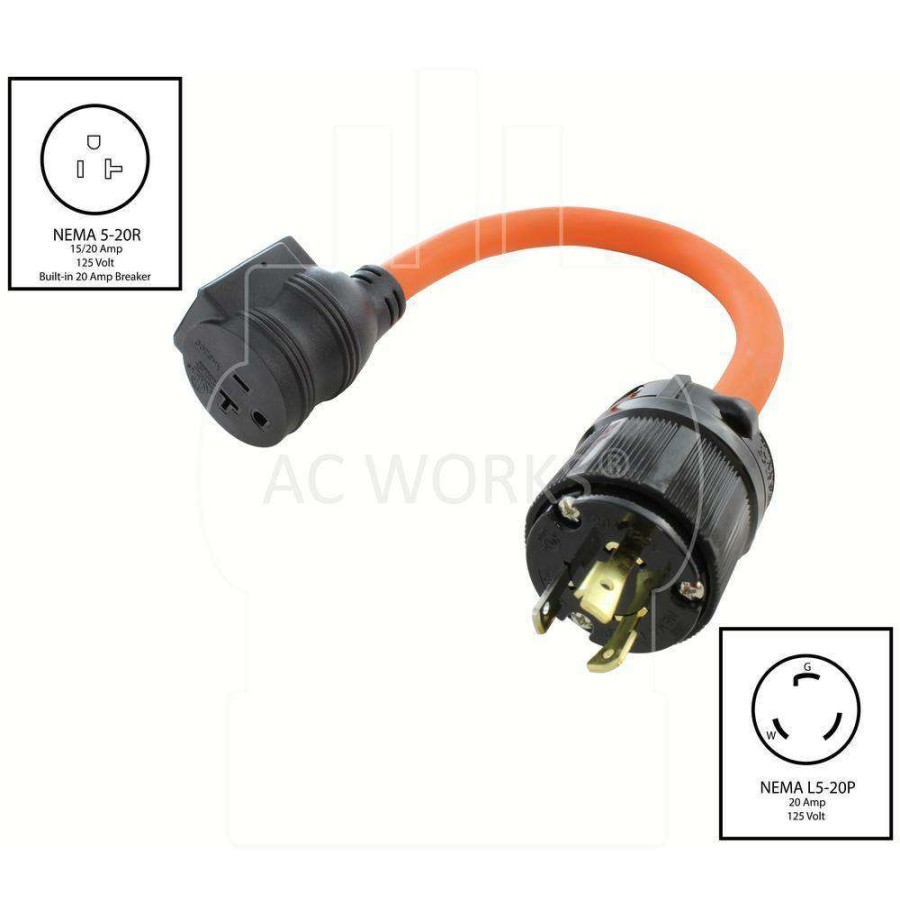 Extension Cord Accessories * | Ac Works 1.5 Ft. 20 Amp 3-Prong L5-20P Locking Plug To Household Outlet With 20 Amp Breaker