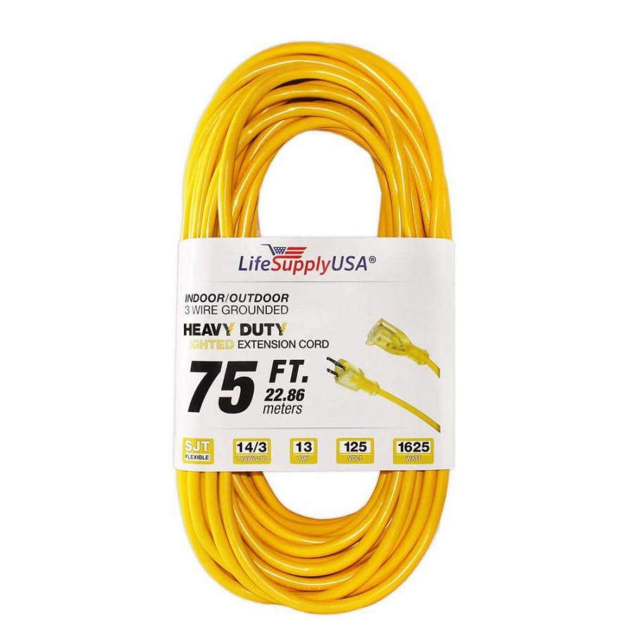 General Purpose Cords * | Lifesupplyusa 75 Ft. 14/3 Sjtw Full Copper 13 Amp 125-Volt 1625-Watt Lighted End Indoor/Outdoor Extension Cord