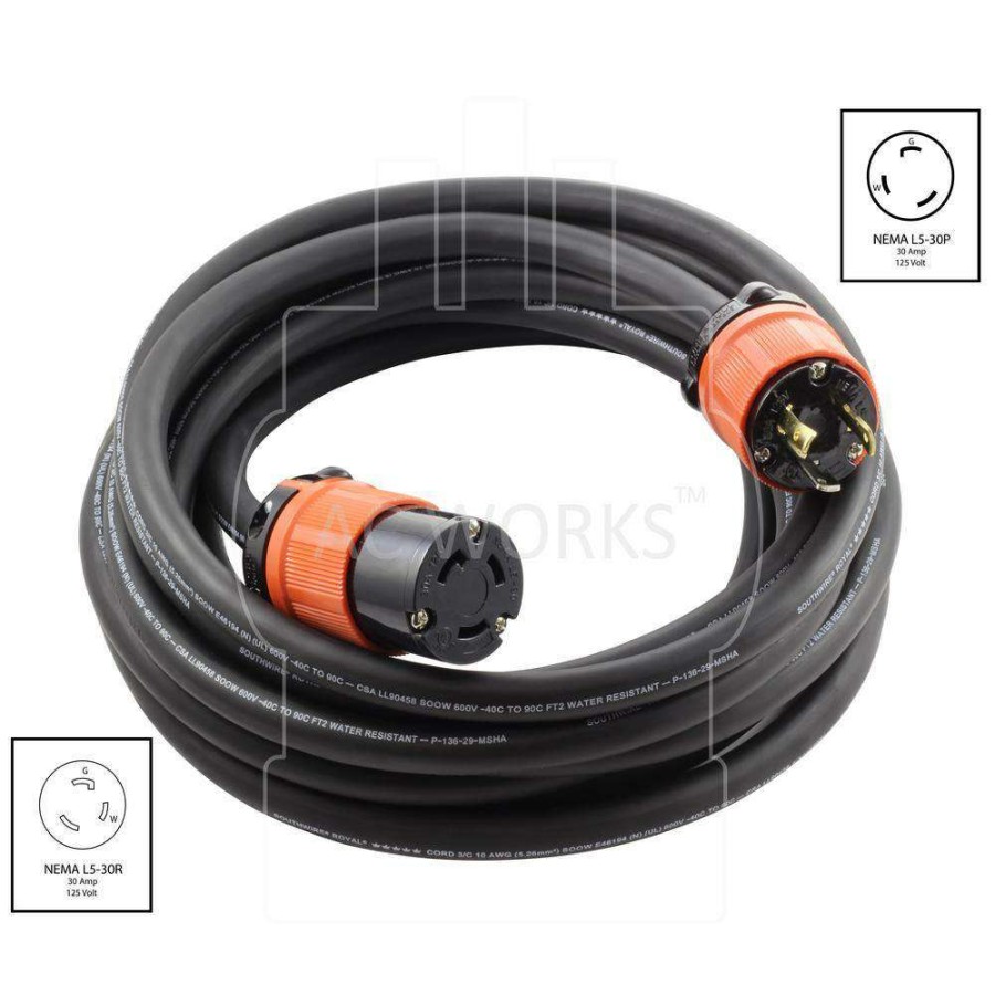 Generator Parts * | Ac Works 75 Ft. Soow 10/3 3-Prong Nema L5-30 125-Volt 30 Amp Generator Rubber Extension Cord