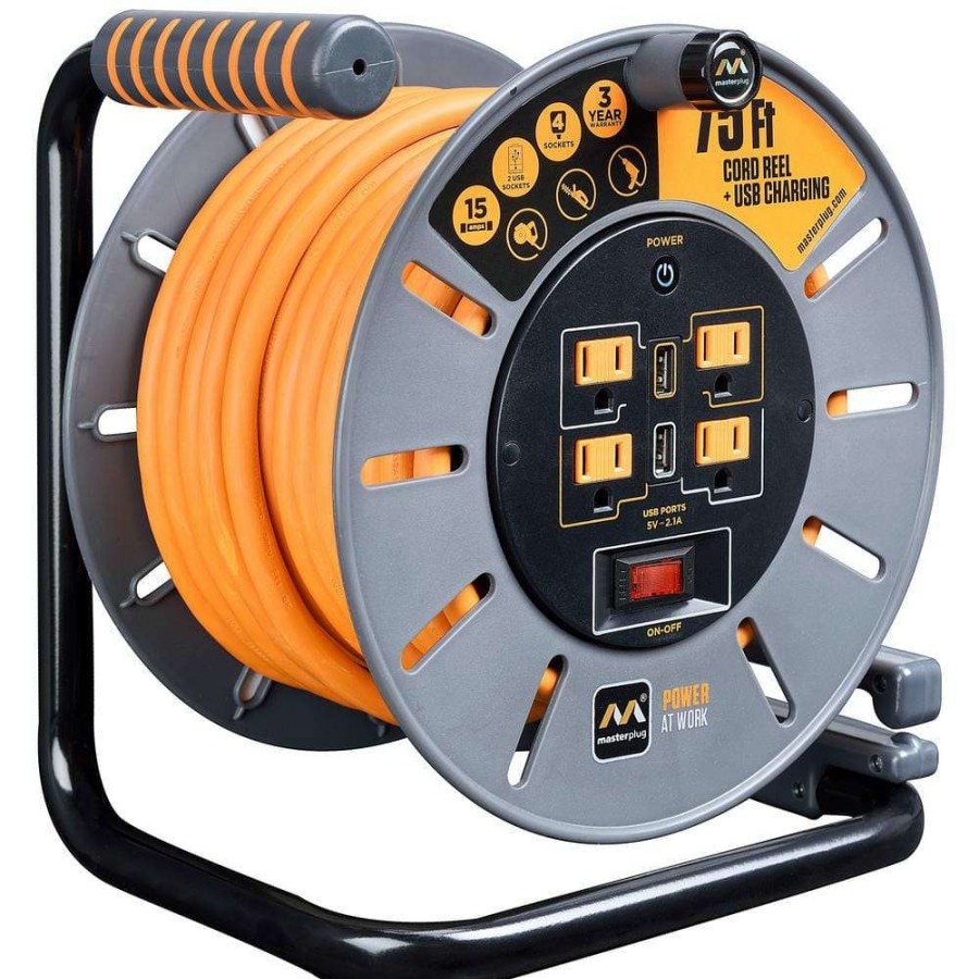 Extension Cord Reels * | Masterplug 75 Ft 15 Amp 12 Awg Large Open Reel With Usb Charging And 4-Sockets