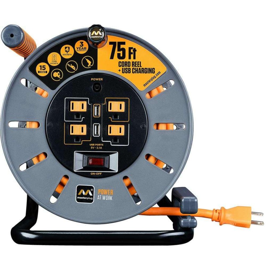 Extension Cord Reels * | Masterplug 75 Ft 15 Amp 12 Awg Large Open Reel With Usb Charging And 4-Sockets