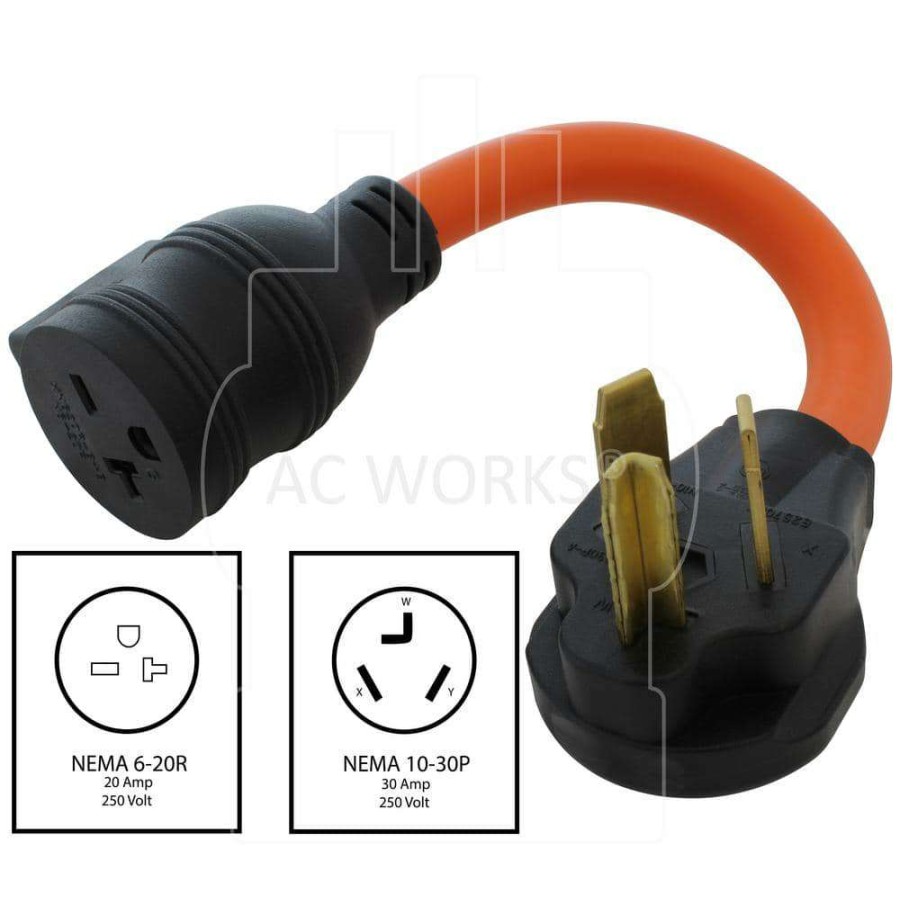 Extension Cord Accessories * | Ac Works 1 Ft. 30 Amp 3-Prong Dryer Plug To 6-15/20 Outlet With 20 Amp Breaker