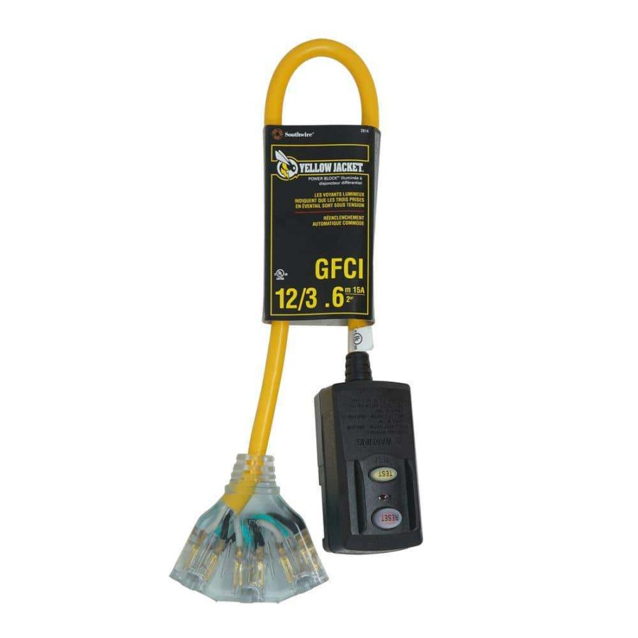 Gfci Plugs * | Yellow Jacket 2 Ft. 12/3 Sjtw Right Angle Gfci Heavy-Duty Cord With Multi-Outlet (3) Power Light Block