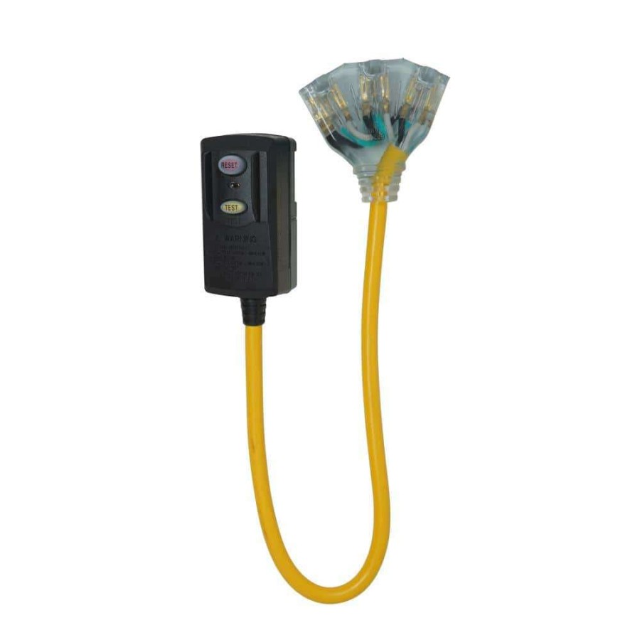 Gfci Plugs * | Yellow Jacket 2 Ft. 12/3 Sjtw Right Angle Gfci Heavy-Duty Cord With Multi-Outlet (3) Power Light Block