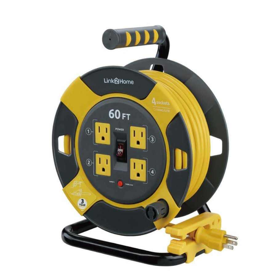 Extension Cord Reels * | Link2Home 60 Ft. 14/3 Extension Cord Storage Reel With 4 Grounded Outlets And Overload Circuit Breaker