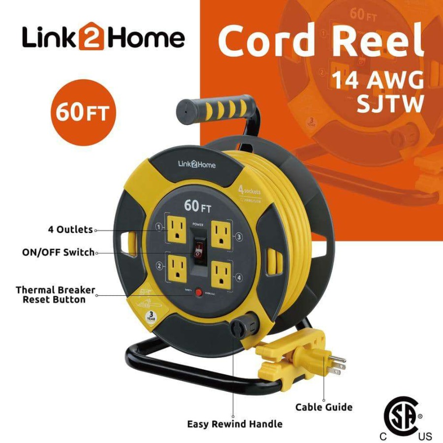 Extension Cord Reels * | Link2Home 60 Ft. 14/3 Extension Cord Storage Reel With 4 Grounded Outlets And Overload Circuit Breaker