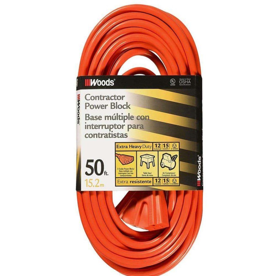 General Purpose Cords * | Woods 50 Ft. 12/3 Sjtw Muilt-Outlet (3) Heavy-Duty Extension Cord