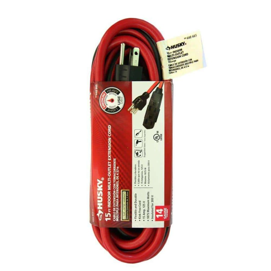 General Purpose Cords * | Husky 15 Ft. 14/3 Medium-Duty Indoor Multi-Outlet Extension Cord, Red/Black