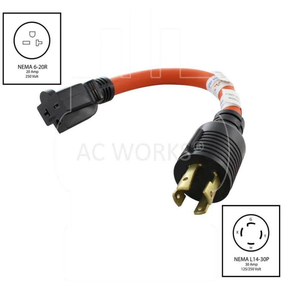 Generator Parts * | Ac Works 1 Ft. L14-30P 30 Amp 125/250-Volt Locking Plug To 6-15/20 T-Blade 15/20 Amp 250-Volt Connector