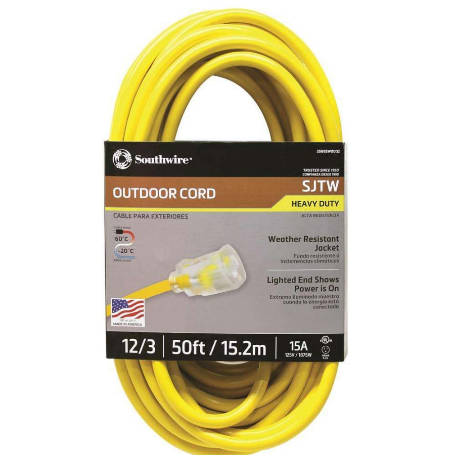 General Purpose Cords * | Southwire 50 Ft. 12/3 Sjtw Hi-Visibility Outdoor Heavy-Duty Extension Cord With Power Light Plug