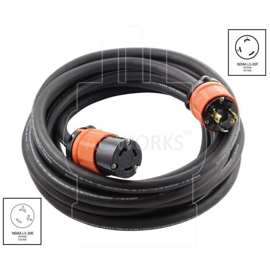 Generator Parts * | Ac Works 50 Ft. Soow 10/3 3-Prong Nema L5-30 125-Volt 30 Amp Generator Rubber Extension Cord