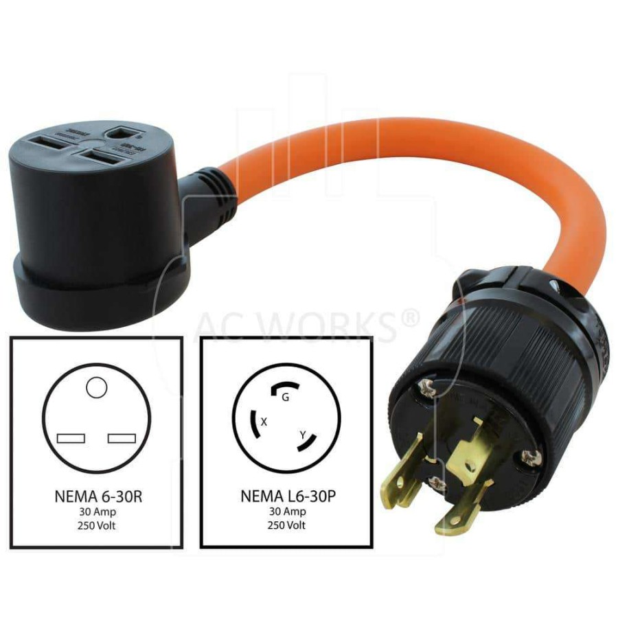 Extension Cord Accessories * | Ac Works 1.5 Ft. L6-30P 3-Prong 250-Volt Locking Plug To 6-30R 3-Prong 30 Amp 250-Volt Hvac Female Adapter