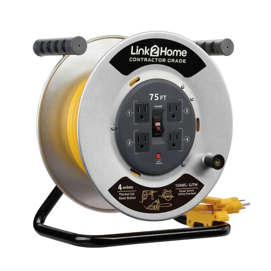 Extension Cord Reels * | Link2Home 75 Ft. 12/3 Extension Cord Storage Reel With 4 Grounded Outlets And Overload Circuit Breaker