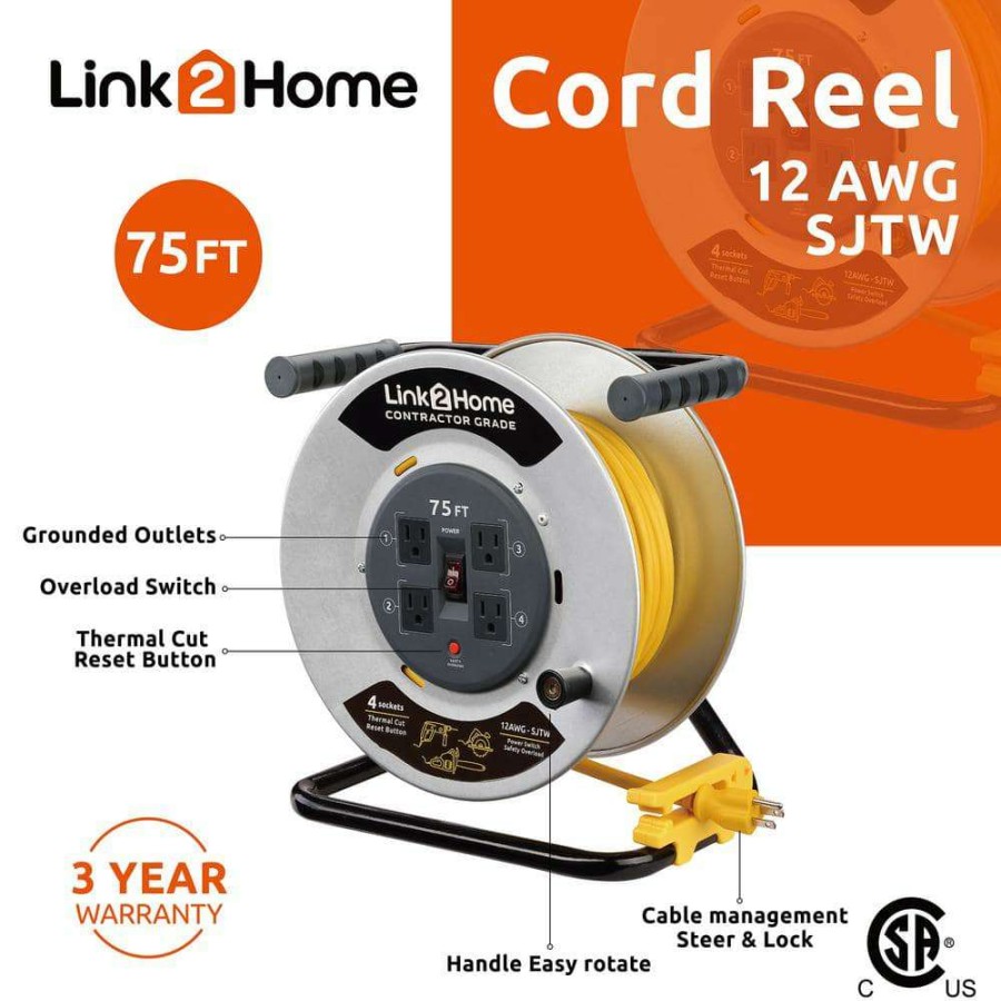 Extension Cord Reels * | Link2Home 75 Ft. 12/3 Extension Cord Storage Reel With 4 Grounded Outlets And Overload Circuit Breaker