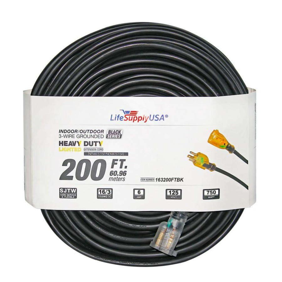 General Purpose Cords * | Lifesupplyusa 200 Ft. 16/3 Sjtw 6 Amp 125-Volt 750-Watt Lighted End Indoor/Outdoor Black Heavy-Duty Extension Cord