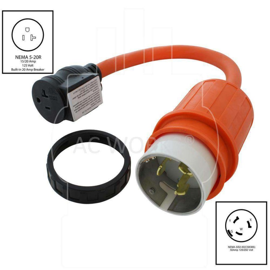 Extension Cord Accessories * | Ac Works 1.5 Ft. 50 Amp 4-Prong Ss2-50P Locking Plug To Household Outlet With 20 Amp Breaker