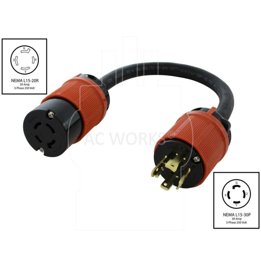 Extension Cord Accessories * | Ac Works 1.5 Ft. 3-Phase 30 Amp 250-Volt L15-30P 4-Prong Plug To L15-20R Locking 3-Phase 20 Amp 250-Volt Connector