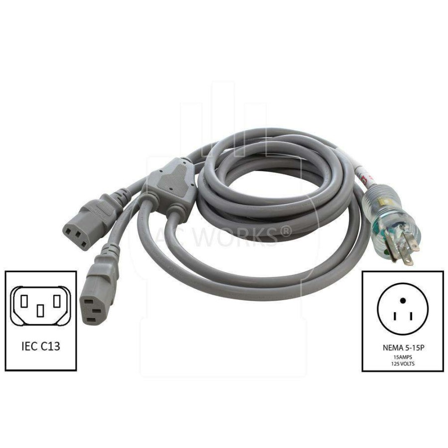 Extension Cord Accessories * | Ac Works 10 Ft. 13 Amp 16/3 Medical Grade Y-Cable With 2 C13 Connectors