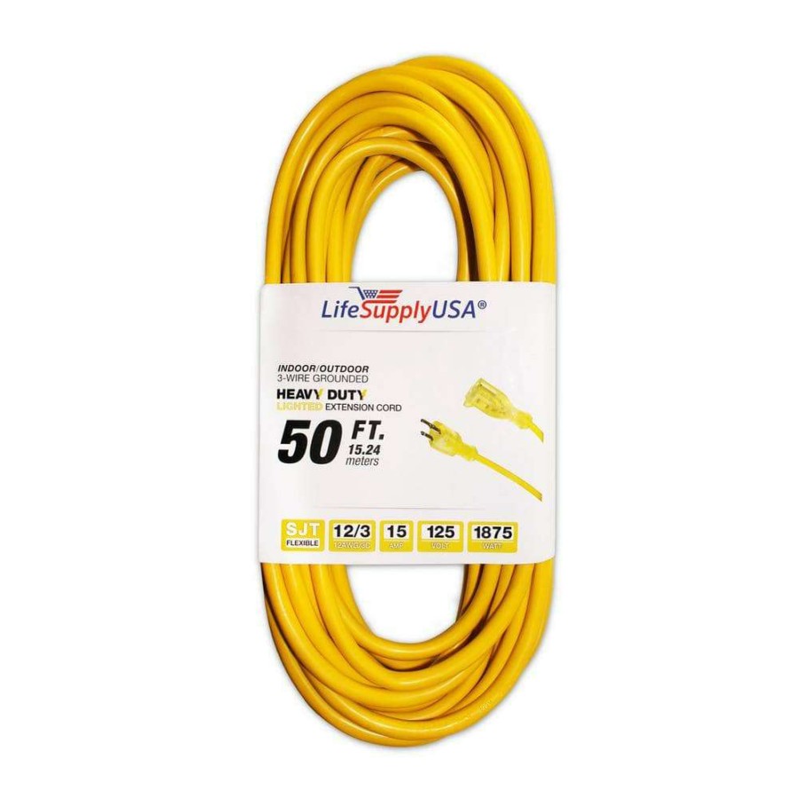 General Purpose Cords * | Lifesupplyusa 50 Ft. Heavy-Duty 3 Prong Oil Resistant Light End Indoor/Outdoor 12/3 Sjtw 15 Amp 300-Volt 1875-Watt Extension Cord