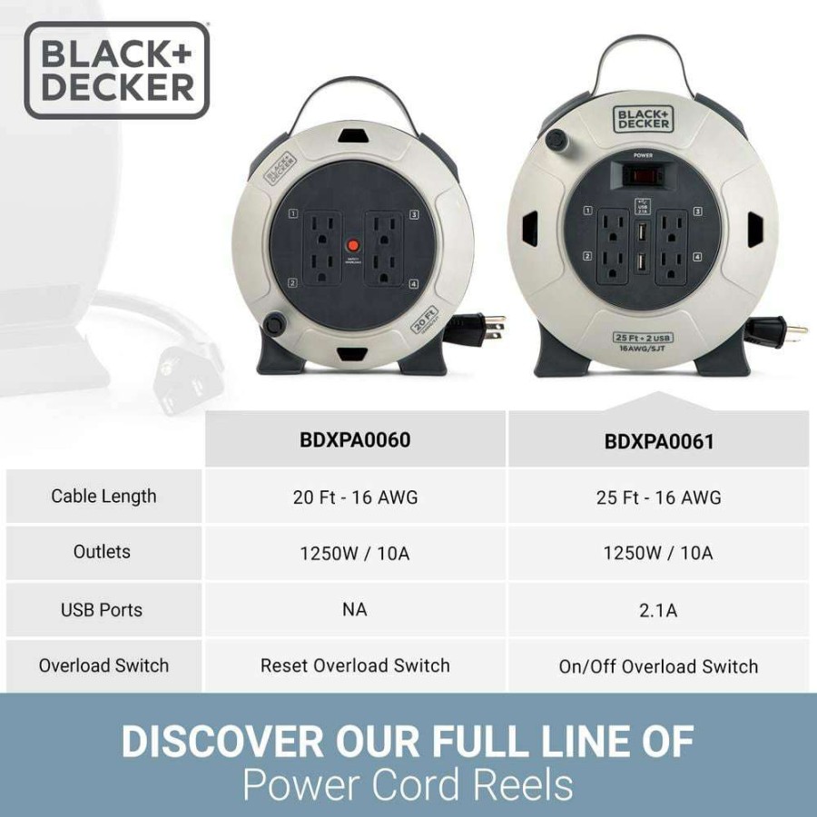 Extension Cord Reels * | Black+Decker 25 Ft. 4 Outlets And 2 Usb Retractable Extension Cord With 16 Awg Sjt Cable Compact Power Cord Reel