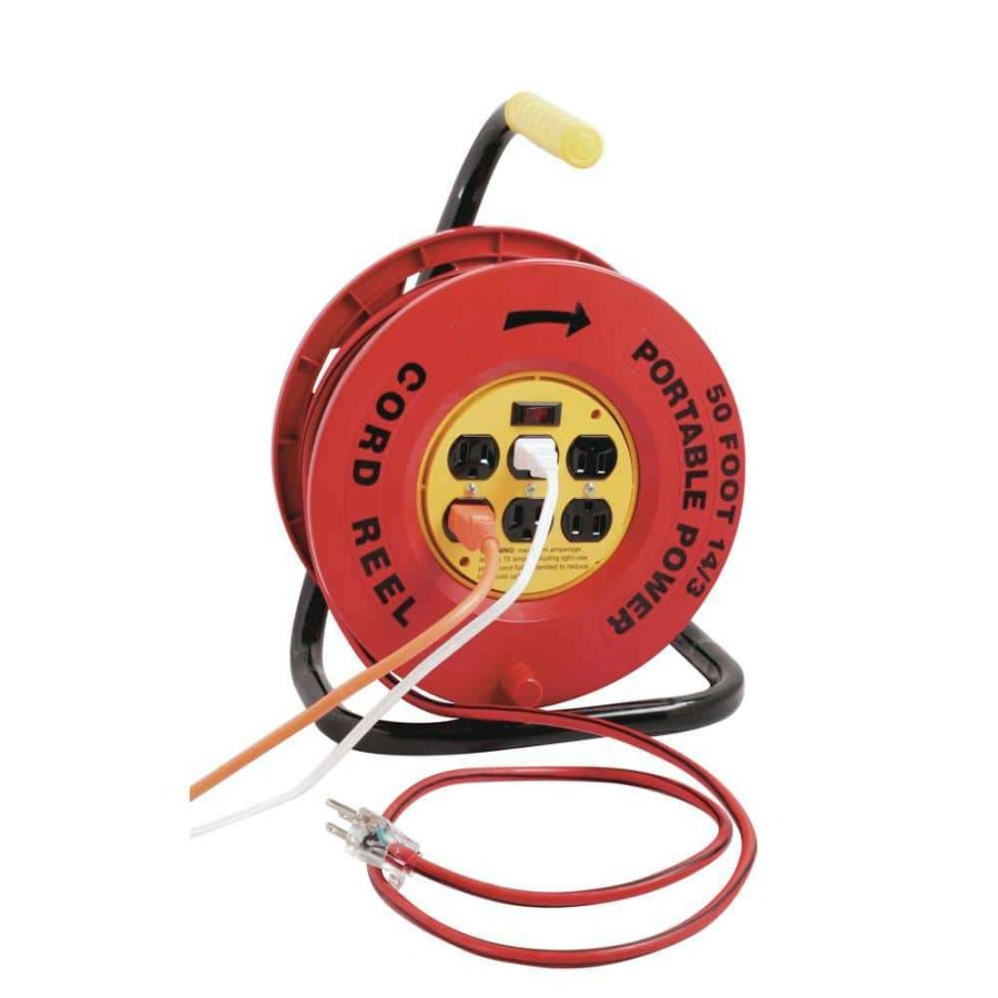 Extension Cord Reels * | Southwire 50 Ft. 14/3 Red Cord Reel Power Station With 6 Outlets