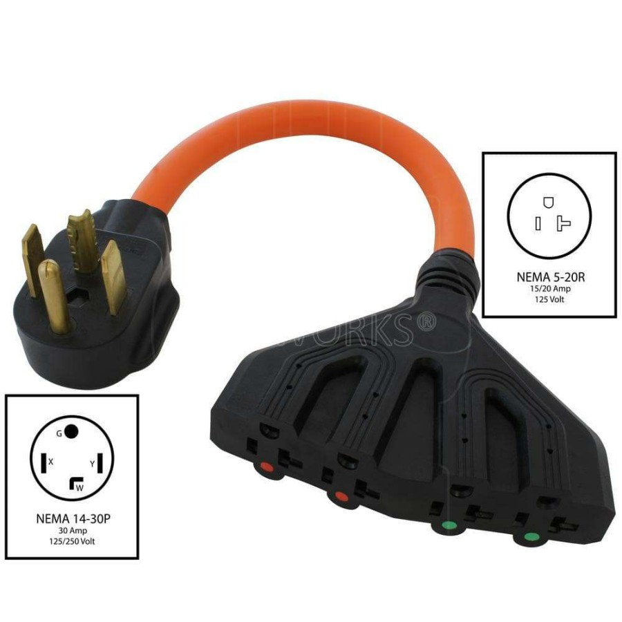 Extension Cord Accessories * | Ac Works 1.5 Ft. Nema 14-30P 4-Prong Dryer Plug To (4) Nema 5-15/20R 15/20 Amp Household Female Connectors Adapter Cord