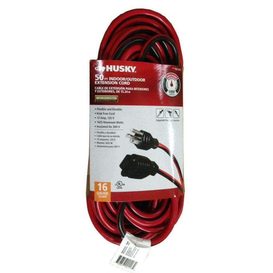 General Purpose Cords * | Husky 50 Ft. 16/3 Medium-Duty Indoor/Outdoor Extension Cord, Red And Black