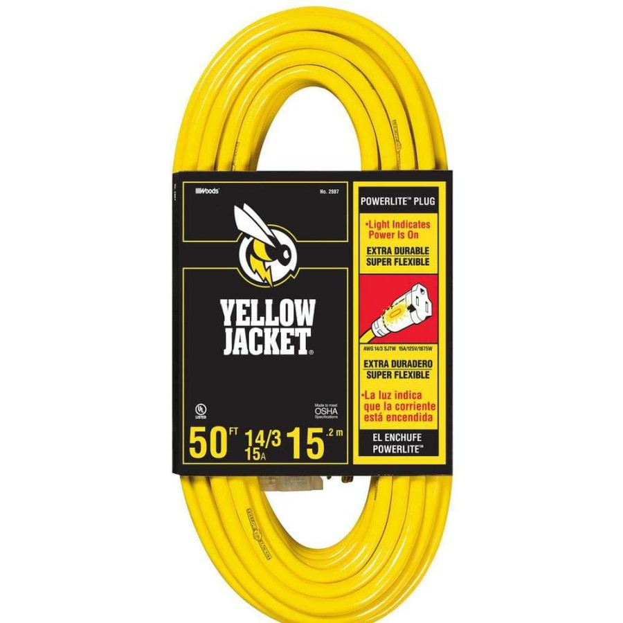 General Purpose Cords * | Yellow Jacket 50 Ft. 14/3 Sjtw Outdoor Heavy-Duty 15 Amp Contractor Extension Cord With Power Light Plug