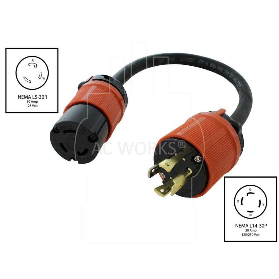 Extension Cord Accessories * | Ac Works 1.5 Ft. L14-30P 4-Prong 30A Locking Plug To L5-30R 30A 125-Volt 3-Prong Connector