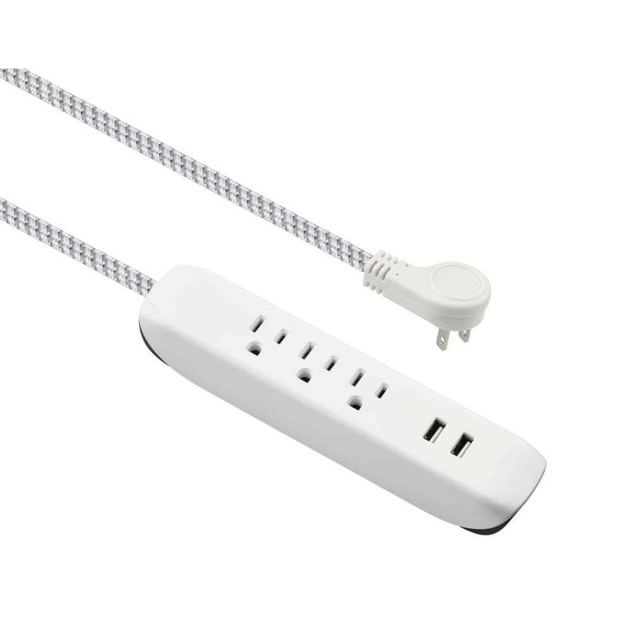 General Purpose Cords * | Hdx 15 Ft. 16/3 3 Outlet, 2 Usb Braided Extension Cord In White And Grey