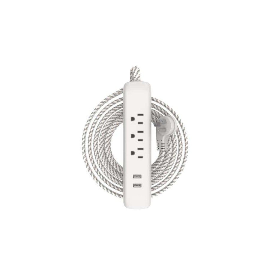 General Purpose Cords * | Hdx 15 Ft. 16/3 3 Outlet, 2 Usb Braided Extension Cord In White And Grey