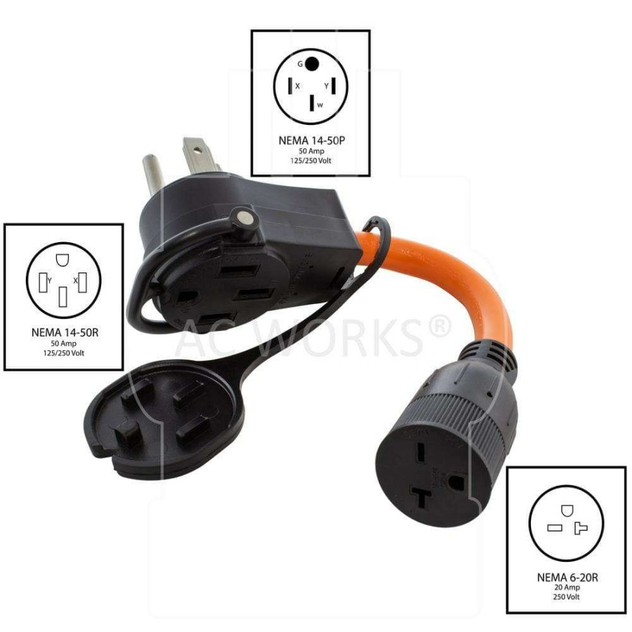 Extension Cord Accessories * | Ac Works 1 Ft. 50 Amp 14-50 Piggy-Back Plug With 6-20R Connector Adapter Cord