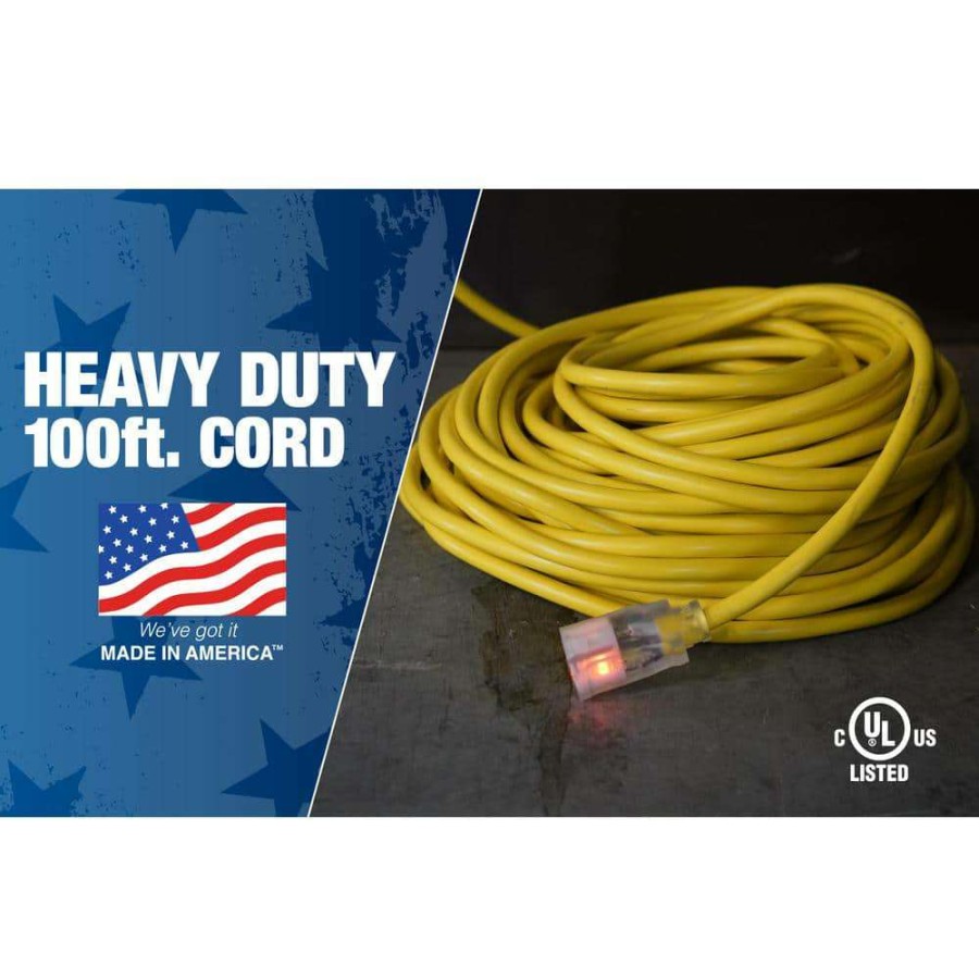 General Purpose Cords * | Southwire 100 Ft. 12/3 Sjeow Outdoor Heavy-Duty T-Prene Extension Cord With Power Light Plug