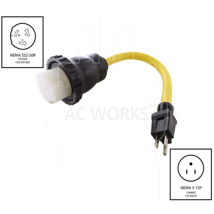 Rv & Marine Cords * | Ac Works Ac Connectors 1.5 Ft. 10/3 Household 5-15P 15 Amp Plug To Rv/Marine 50 Amp Detachable Inlet Adapter