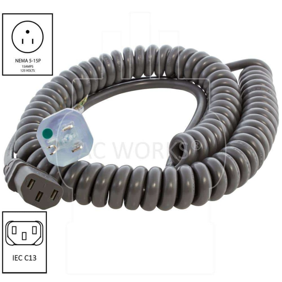 Extension Cord Accessories * | Ac Works Up To 10 Ft. 10 Amp 18/3 Coiled Medical Grade Power Cord With C13 Connector