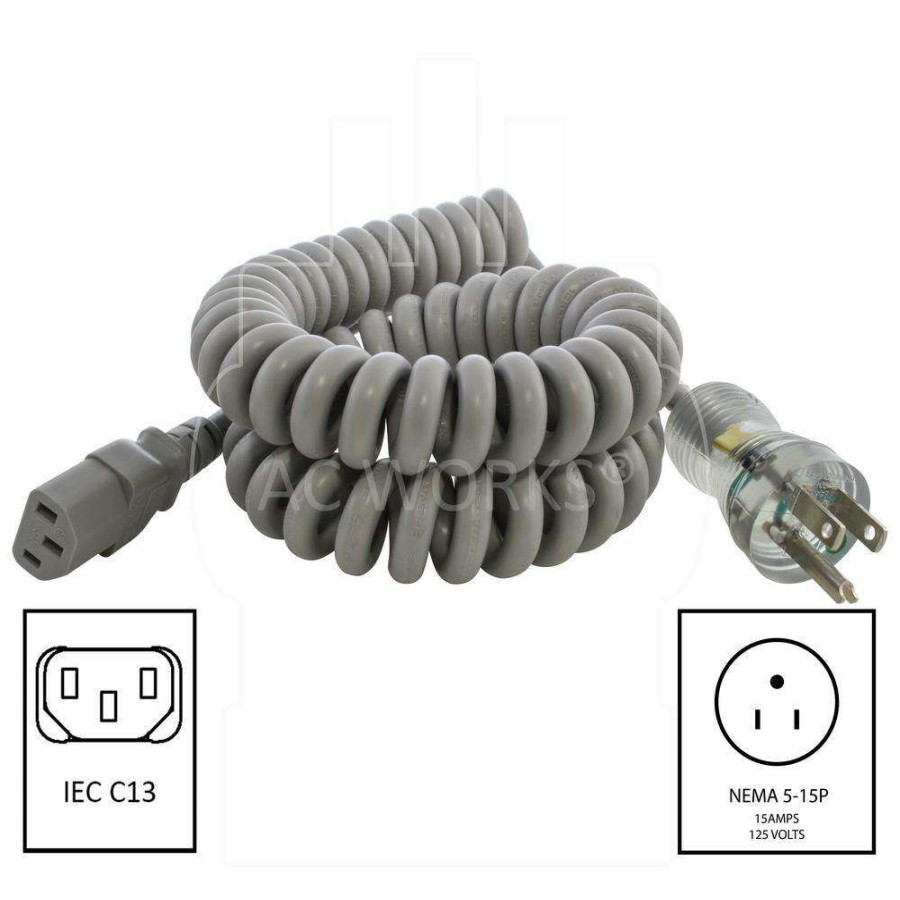 Extension Cord Accessories * | Ac Works Up To 6.5 Ft. 10 Amp 18/3 Coiled Medical Grade Power Cord With C13 Connector