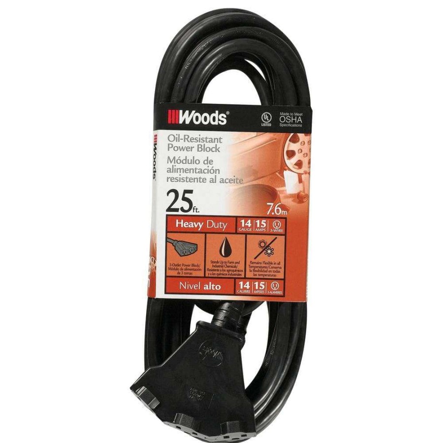 General Purpose Cords * | Woods 25 Ft. 14/3 Sjtow Agricultural Outdoor Heavy-Duty Extension Cord With Power Block