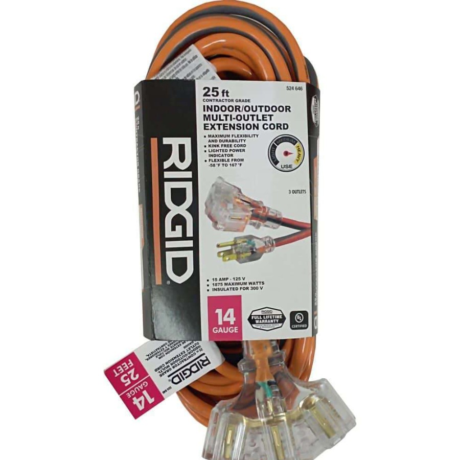 General Purpose Cords * | Ridgid 25 Ft. 14/3 Multi-Outlet Extension Cord, Orange And Gray