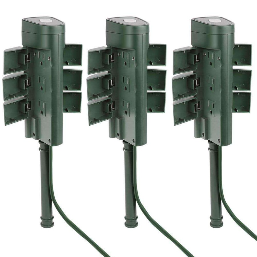 Extension Cord Accessories * | Feit Electric 6 Ft. Cord 15-Amp 6-Outlet Alexa / Google Assistant Compatible Smart Wi-Fi Outdoor Power Yard Stake, Green (3-Pack)