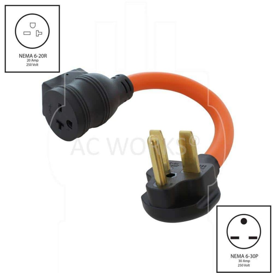 Extension Cord Accessories * | Ac Works 1.5 Ft. 30 Amp 3-Prong 6-30P Commercial Hvac Plug To 6-15/20 Outlet With 20 Amp Breaker