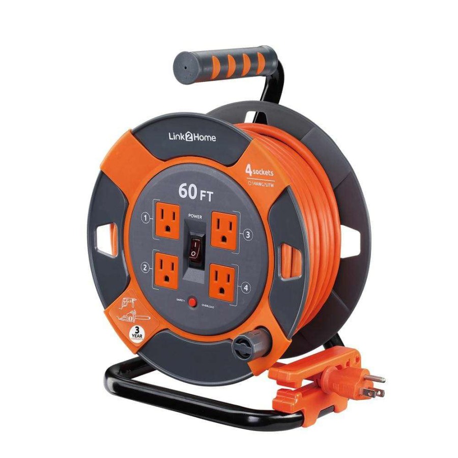 Extension Cord Reels * | Link2Home 60 Ft. 14/3 Extension Cord Storage Reel With 4 Grounded Outlets And Surge Protector